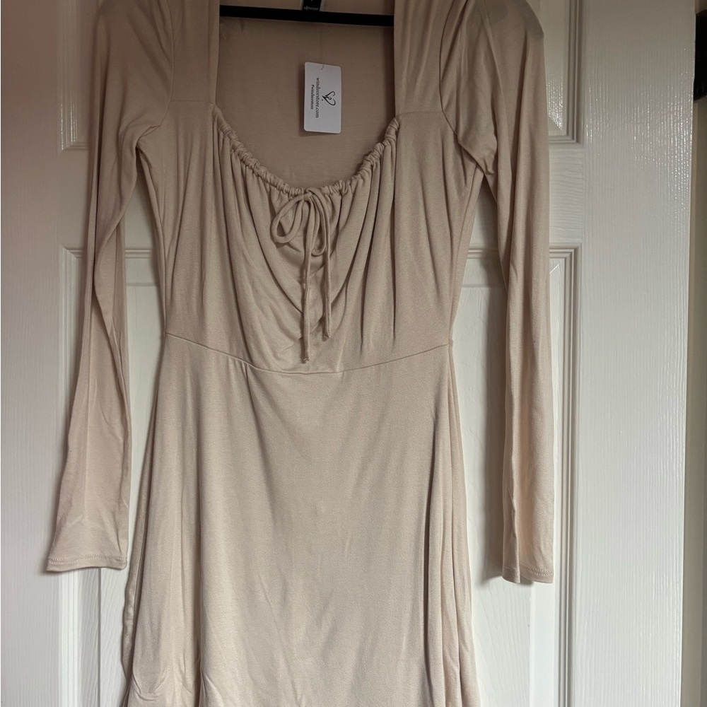 Windsor Tan Ruched Tie Front Long Sleeve Dress